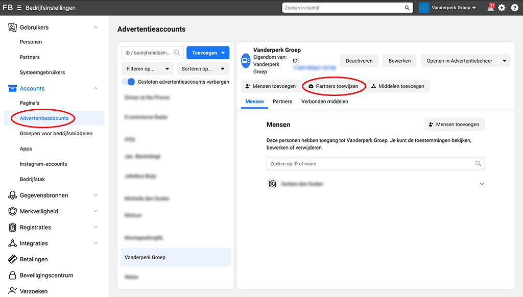 Stap 2 - advertentieaccount rechten verlenen