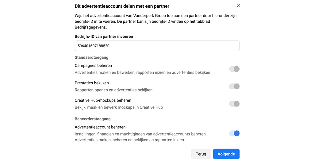 Stap 3 - advertentieaccount rechten verlenen